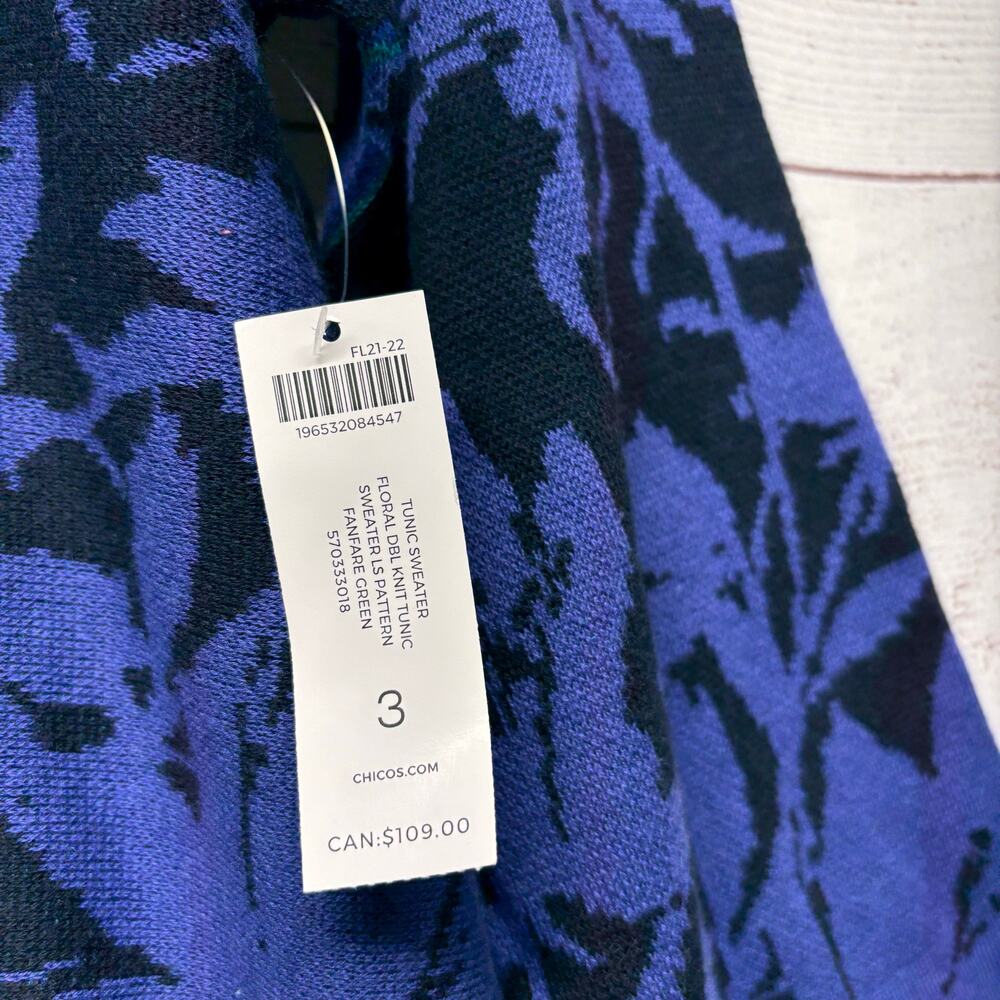 NWT Chico's size 3 (XL/16) Blue Teal Floral Print Knit Tunic Sweater 3/4 Sleeve - Picture 4 of 9
